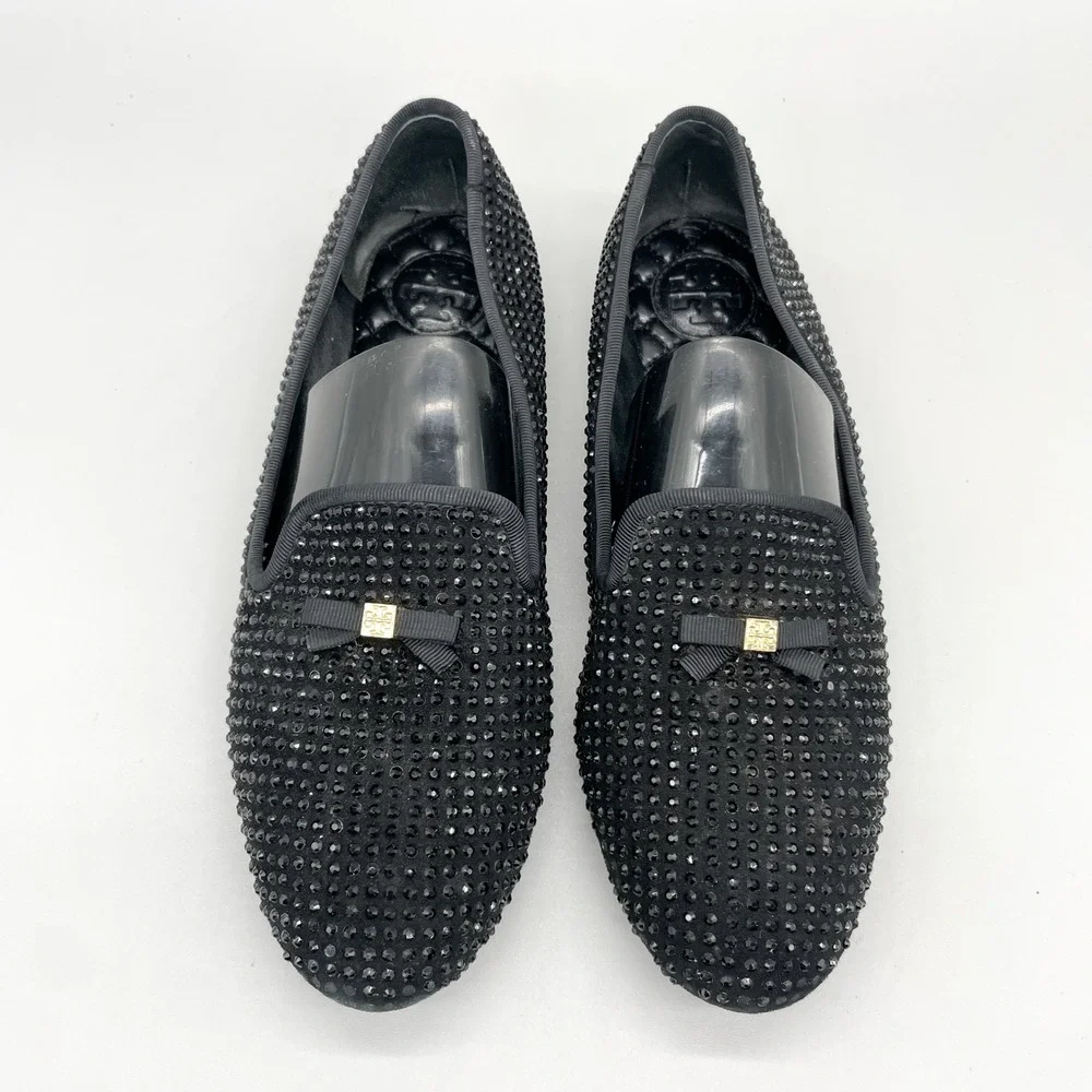 Tory Burch Womens 7M Chandra Black Crystal Suede Smoking Loafer Flat Preppy Glam